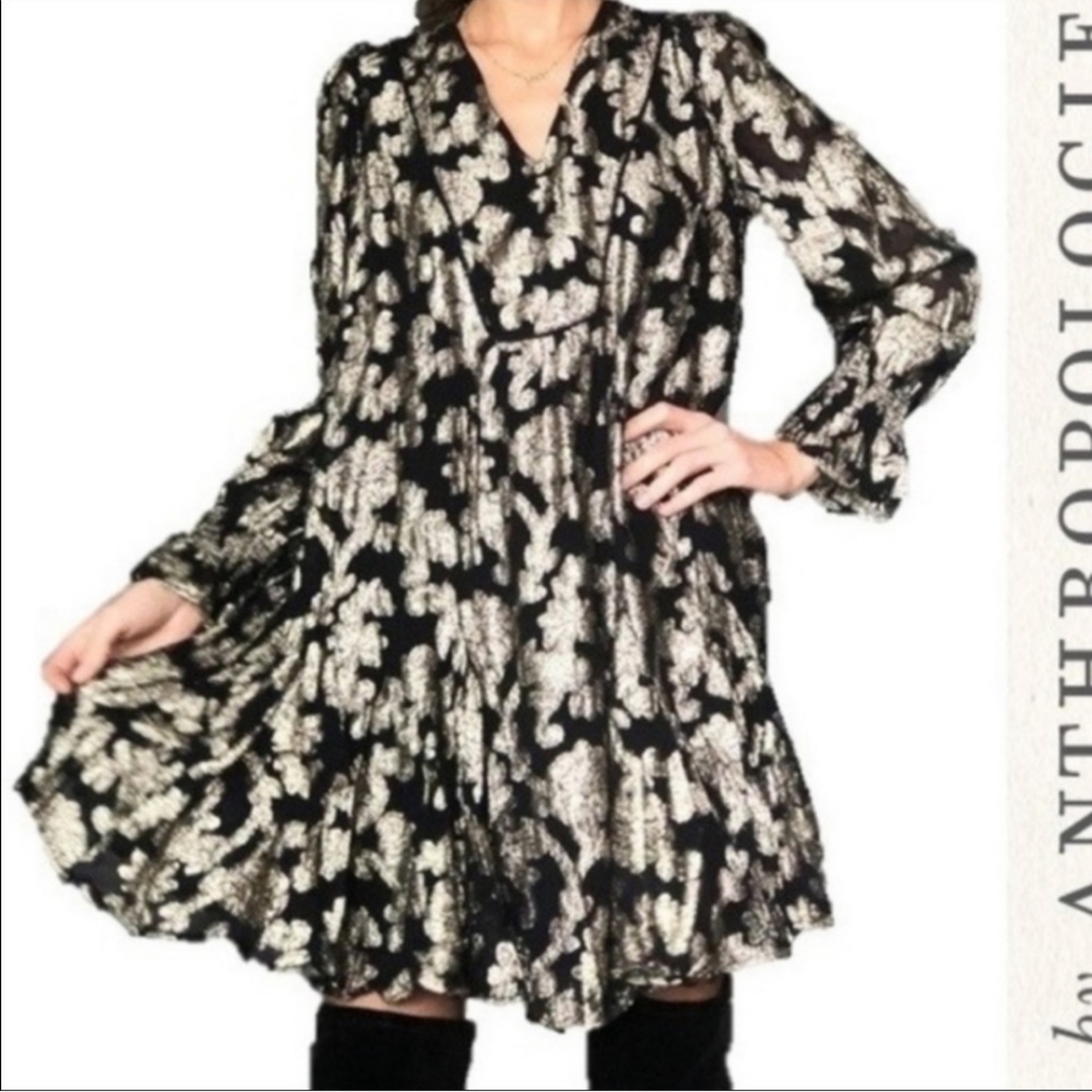 Anthropologie Black and Gold Metallic Swing Cocktail Dress L